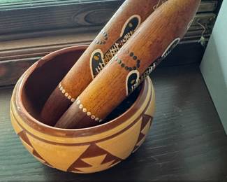 HandPainted Wooden Clapsticks Set with Ceramic Pot