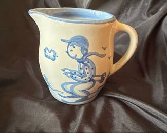 M.A. Hadley Pottery Pitcher with Skier Motif and The End Inscription