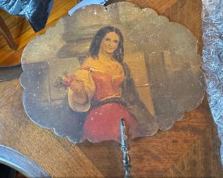 Antique Hand Fan Painting of a Woman in Period Attire
