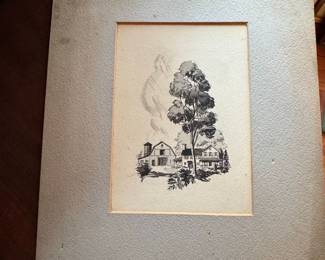 Farmhouse and Barn Ink Drawing