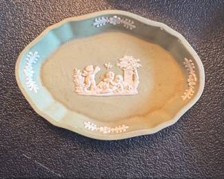 Wedgwood Sage Green Jasperware Oval Pin Dish with Cherubs and Butterfly