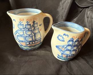 M.A. Hadley Pottery Creamer and Pitcher Set Low Tide Ship Design