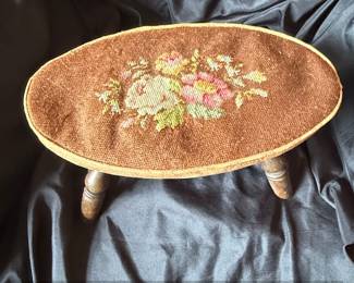 Vintage Oval Needlepoint Footstool with Floral Design