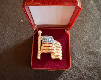 Signed Trifari Rhinestone American Flag Brooch