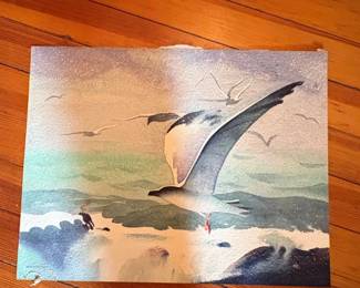 Seagull in Flight Watercolor Painting by Sandor Bernath