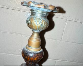 Antique English Oak Barley Twist Candlesticks with Brass Accents Pair second image