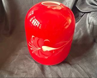 Red Art Glass Vase with Etched Floral Design Signed Kelsey or Pilgrim USA