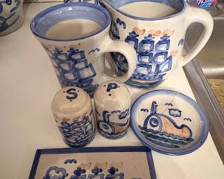 M.A. Hadley Pottery Nautical Ship Ceramic Pitcher, Mug, Salt and Pepper Shakers, and Small Dish Set second image