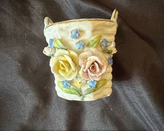 Vintage Porcelain Basket Vase with Applied Flowers, Made in Germany, Elfinware style