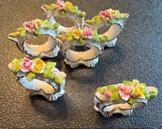 Vintage Dresden Porcelain Rose Napkin Rings Set of 5