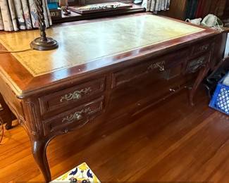 Antique French Louis XV Style Walnut Bureau Plat with Leather Inlay