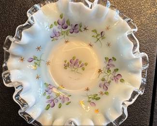 Fenton Violets in the Snow Opalescent Glass Bowl with Ruffled Edge