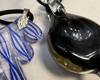 Set of Two Art Glass Pendants on Cords - Tisbury Art Glass and Murano Style
