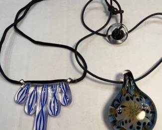 Set of Two Art Glass Pendants on Cords - Tisbury Art Glass and Murano Style