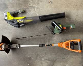 Ryobi 18V Blower, Black & Decker 22" Electric Trimmer, and Worx 24V Trimmer