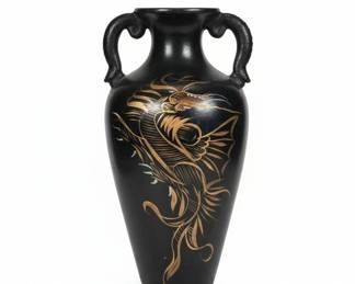 Vintage Black Chinoiserie Porcelain Vase with HandPainted Gold Dragon