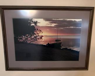 Framed Seascape Photograph with Sailboat at Sunset