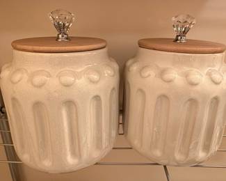 White Ceramic Canister Set with Crystal Knobs and Wooden Lids