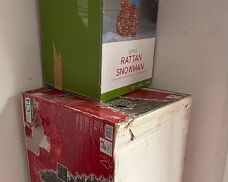 Christmas Tree, Stands and Lighted Rattan Snowman Decoration