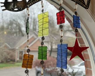 Stained Glass Cat Wind Chime with Bells and Star