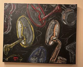 Abstract Faces with Musical Instruments Painting Signed by Avery