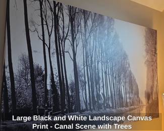 Large Black and White Landscape Canvas Print  Canal Scene with Trees