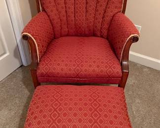 Vintage Channel Back Wing Armchair and Ottoman Set with Geometric Pattern Upholstery