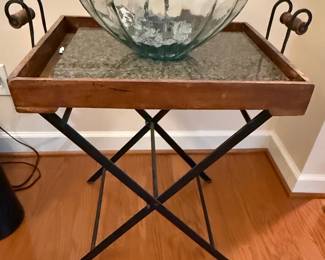 Butler Tray Table with Granite Inlay and Wrought Iron Legs