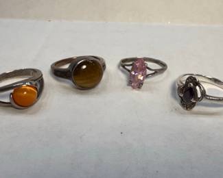 Set of Four Sterling Silver Rings with Semi-Precious Stones
