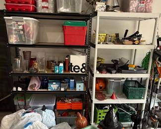 Assorted Storage Bins and Holiday Decorations