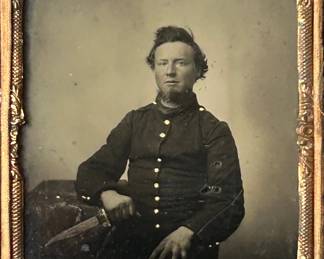 1/6 plate ambrotype of possible Confederate soldier with clip point Bowie knife with coffin handle