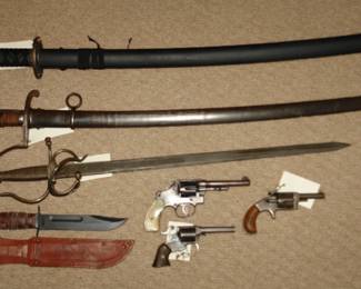 Reproduction Sameri Sword, WWI Model 1811 Model Artillery Sword, 1876 Victor .32 caliber pistol, Antique S&W pearl handled .32 cal.  pistol, 1859 Remington Ryder .32 cal. pistol