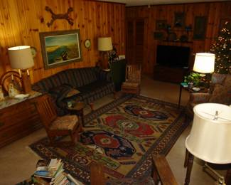 Pair of lamps made from architectural wood pieces from the Brunswick Hotel, Oriental carpet, pair of Eastlake dressers, sofa 