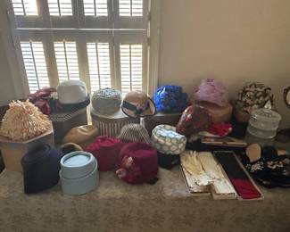 Vintage hats, hat boxes, leather evening gloves