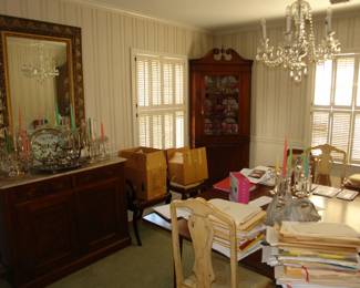Eastlake cabinet w/ marble top, antique gold gilt mirror, reproduction corner cabinet, 1930 period dining table w/ leaf and six chairs, empire leaded glass candlesticks