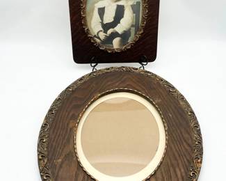 183 TwoAntiqueWoodPhotoFrameswithGoldScrollAccent