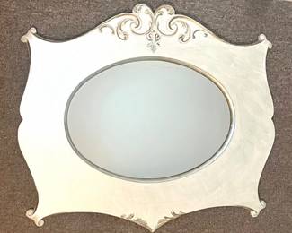 145 IridescentWhiteSilverPaintedWoodFramewithGoldAccentMirror