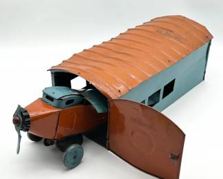 166 VintageScheibleTinAirplanewithFoldingWingsandHangar