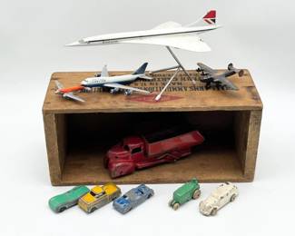 188 VintageToyAutomobilesandAirplanesinWoodAmmunitionBox