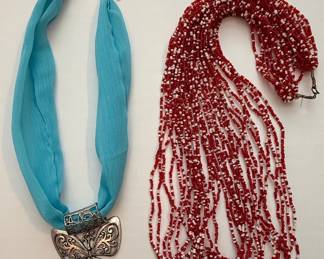 Red and White Seed Bead Necklace and Blue Chiffon Ribbon Necklace with Butterfly Pendant