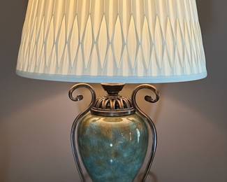 Mottled Green Ceramic Urn Table Lamp with Bronze Accents and Pleated Shade (set of 2)
