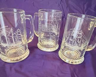 Set of 3 Etched Glass Mugs with Historical Ships: The Nina, Brig, and Barkentine