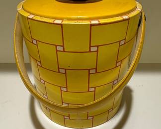 Vintage Yellow Basketweave Metal Ice Bucket with Orange Lid