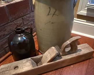 Antique Stoneware Crock with Number '27' and Vintage Wooden Jointer Plane