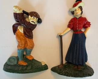 Antique Cast Iron Golfer Couple Doorstops