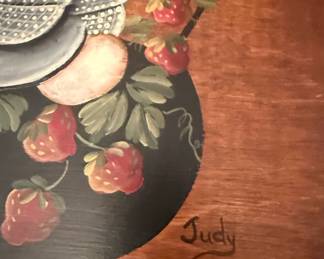 Hand-Painted Wooden Sewing Basket with Chicken and Strawberry Motif