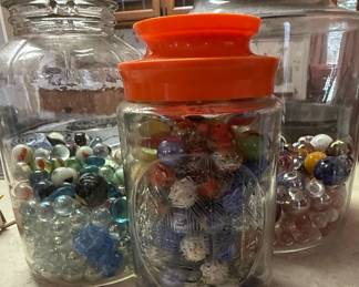 Collection of Three Vintage Glass Jars with Assorted Marbles
