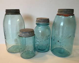 Set of Four Aqua Blue Ball Mason Jars with Zinc Lids
