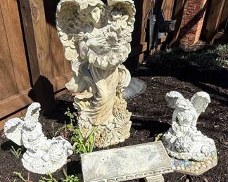 Garden Angel Statue with Bench and Lion Base