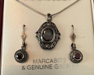 Sterling Silver Marcasite and Garnet Pendant Necklace and Earring Set